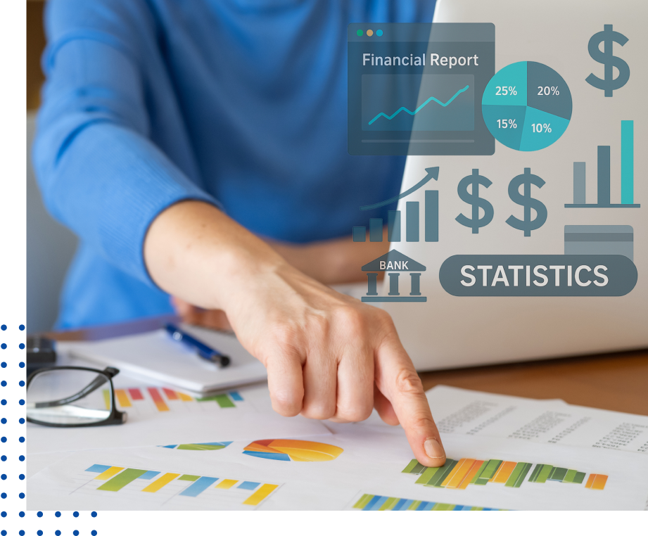 Person analyzing financial charts and statistics.