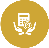 Hands holding calculator and coin icon.