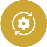 Gear with circular arrows on yellow background.