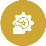 Person, gear, star icon on gold circle.