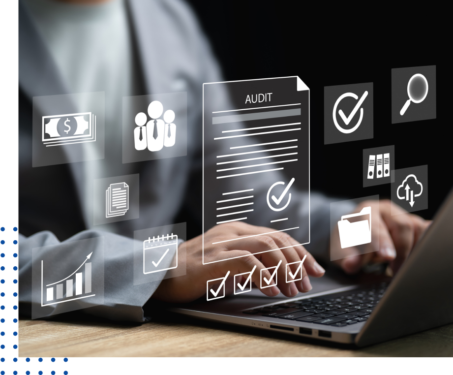 Person using laptop with digital audit icons.