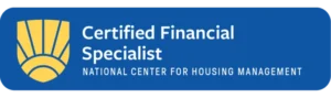 Certified Financial Specialist logo, blue background.